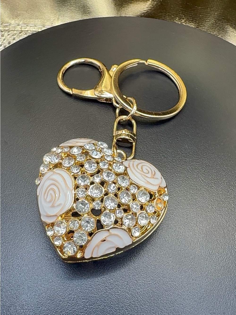Gold Heart Crystal Keychain with White Rose Accents
